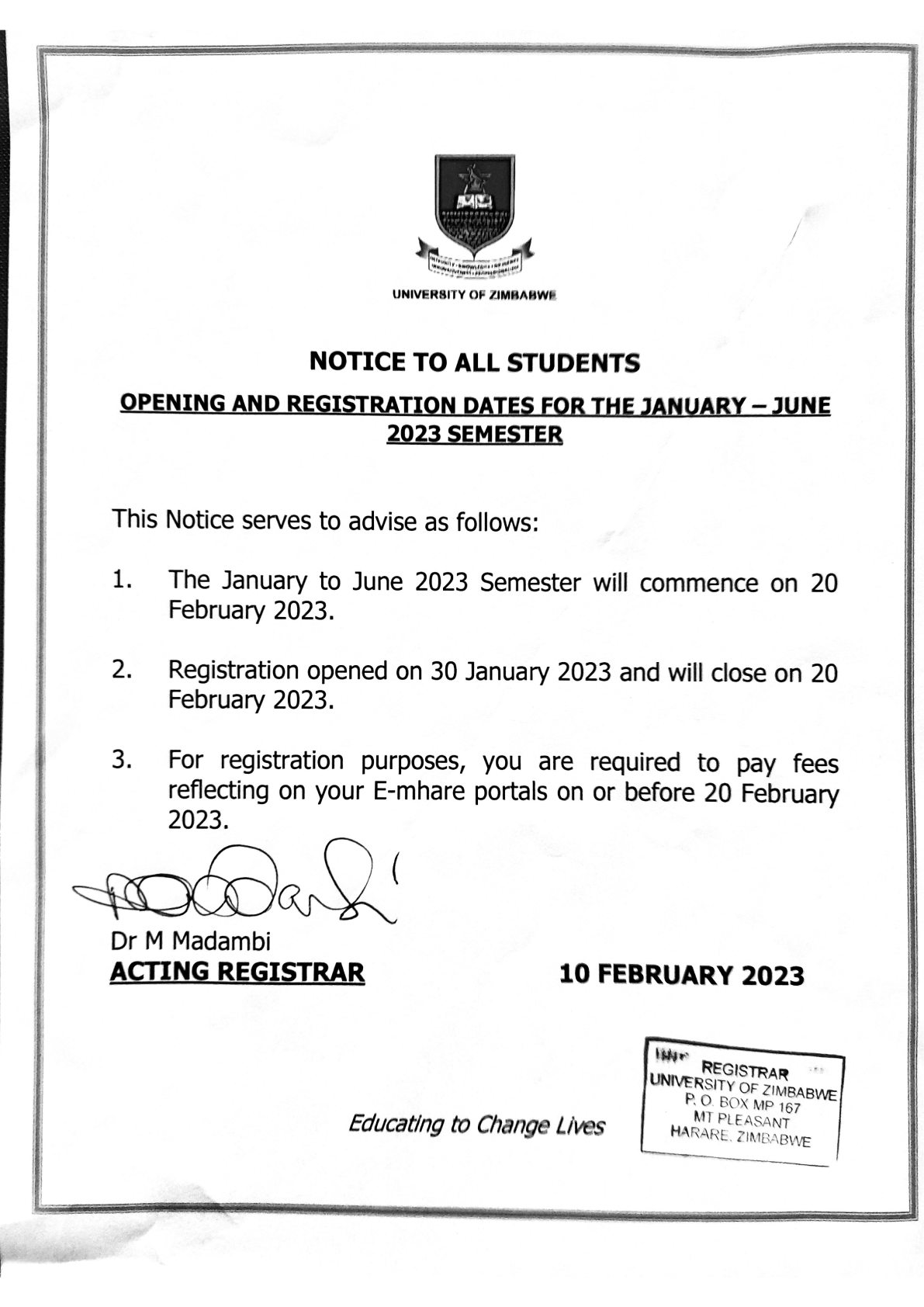 OPENING REGISTRATION FOR THE JAN JUNE 2023 SEMESTER pdf